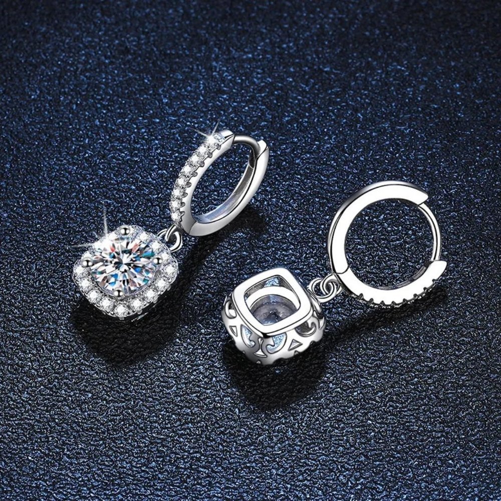 Certified 2ct. t.w. Moissanite Diamond Cushion Halo Drop Hoop Earrings NEW - Picture 5 of 12